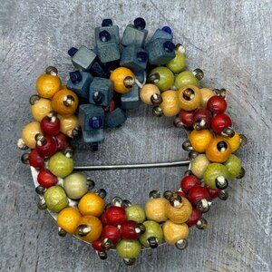 Vintage Wooden Bead Wreath Brooch - Red/Orange/Green/Blue from Czechoslovakia
